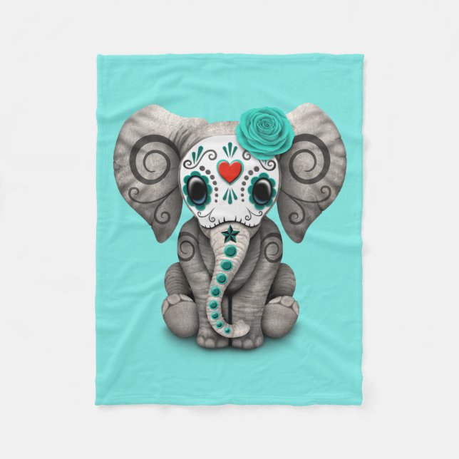 Blue Day of the Dead Elephant Fleece Blanket (Front)