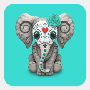 Blue Day of the Dead Elephant Square Sticker