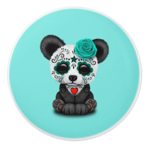 Blue Day of the Dead Panda Cub Ceramic Knob