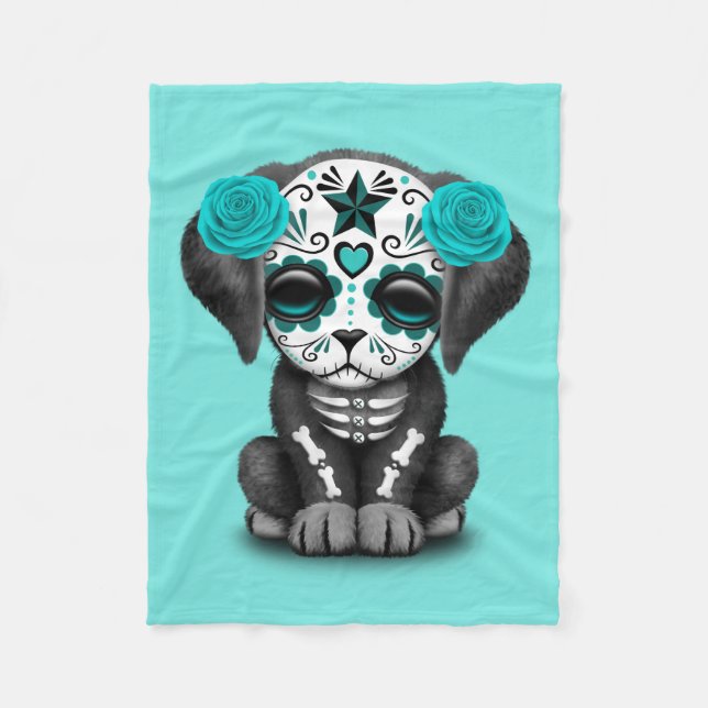 Blue Day of the Dead Puppy Dog Fleece Blanket (Front)