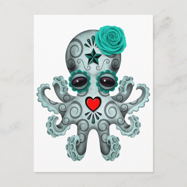 Blue Day of the Dead Sugar Skull Baby Octopus Postcard (Front)