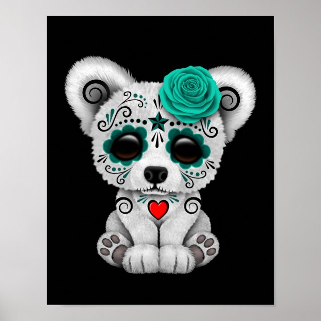 Blue Day of the Dead Sugar Skull Bear Black Poster (Front)