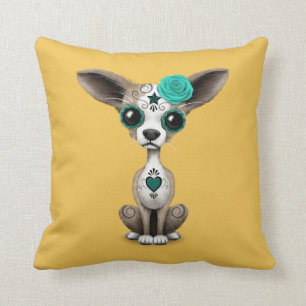 Blue Day of the Dead Sugar Skull Chihuahua Puppy Throw Pillow
