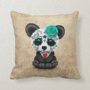 Blue Day of the Dead Sugar Skull Panda Aged Throw Pillow