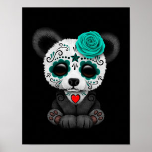 Blue Day of the Dead Sugar Skull Panda on Black Poster