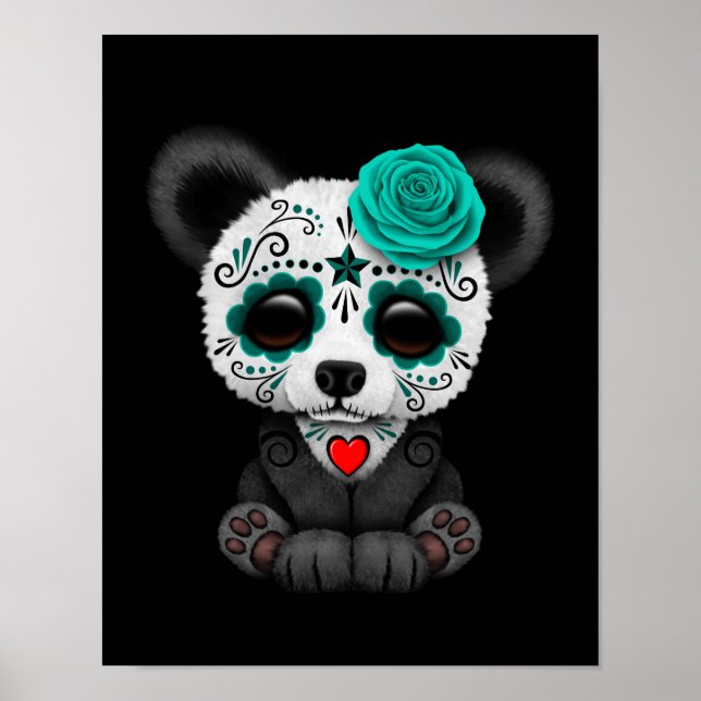 Blue Day of the Dead Sugar Skull Panda on Black Poster (Front)