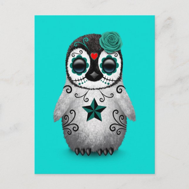 Blue Day of the Dead Sugar Skull Penguin Postcard (Front)