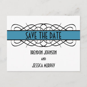 Blue Deco Flourish Save the Date Postcard