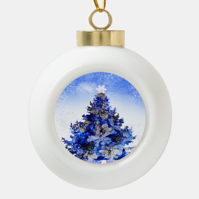 Blue decorated blue Christmas tree Ceramic Ball Christmas Ornament (Front)