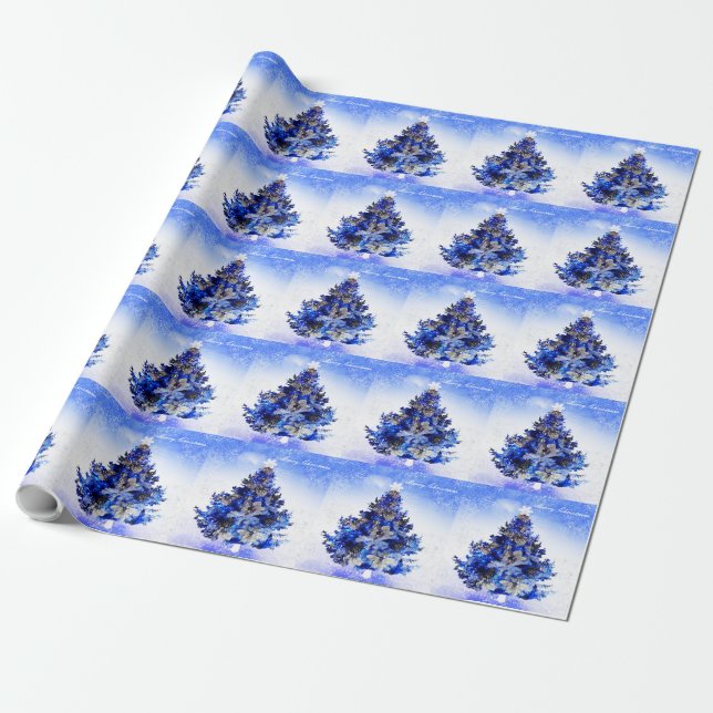 Blue decorated blue Christmas tree Wrapping Paper (Unrolled)