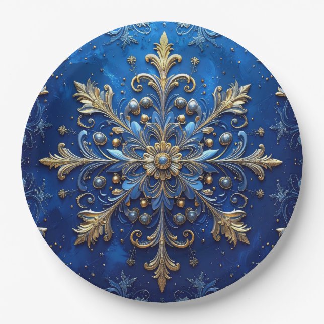 Blue Decorative Christmas Holiday Paper Plate (Front)