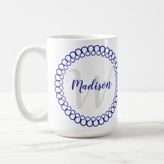 Blue Decorative Circle Personalize Monogram Mug (Left)