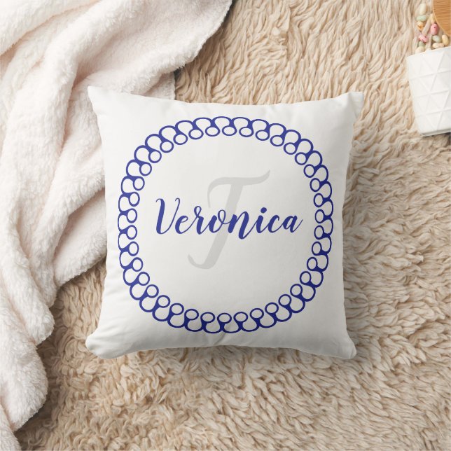 Blue Decorative Circle Personalize Monogram Pillow (Blanket)