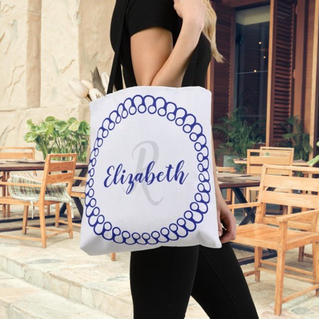 Blue Decorative Circle Personalize Monogram Tote Bag (Blue Decorative Circle Personalize Monogram Tote Bag)