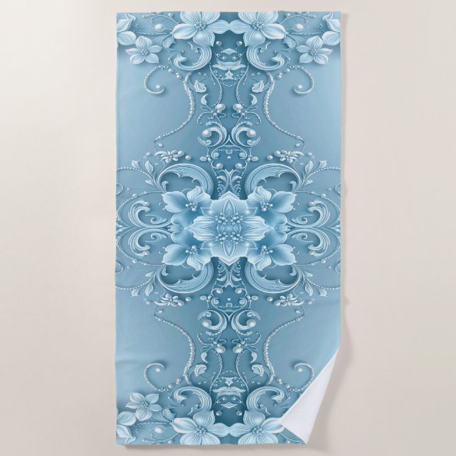 Blue Decorative Floral Beach Towel (Front)
