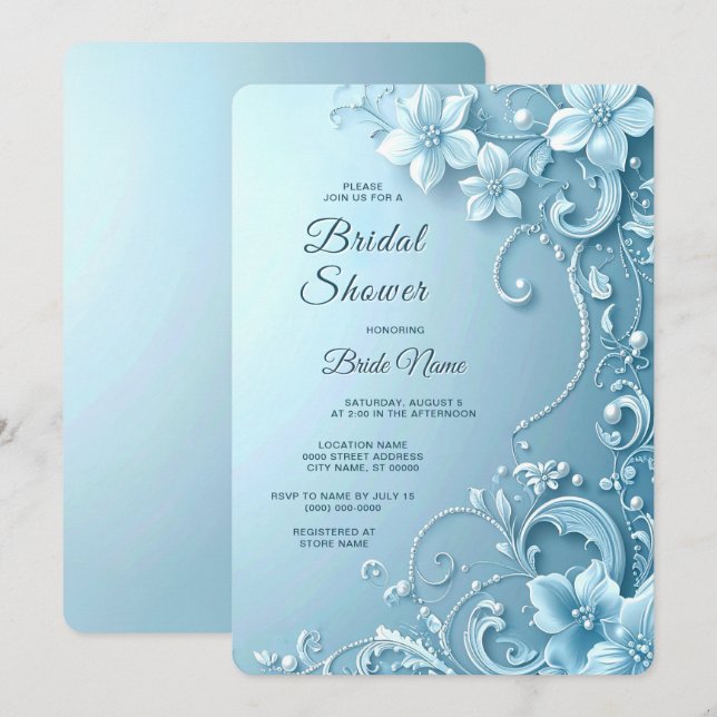 Blue Decorative Floral Bridal Shower Invitation (Front/Back)