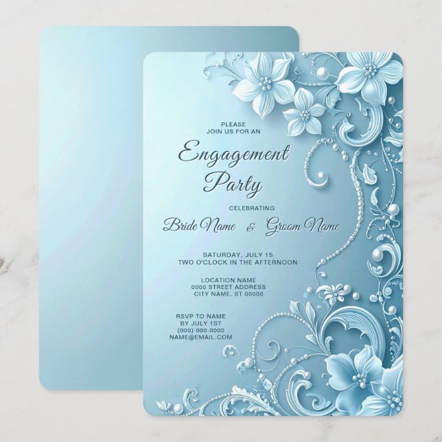 Blue Decorative Floral Engagement Invitation (Devant / Derrière)