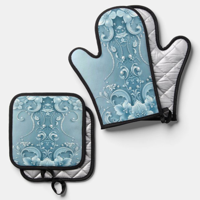 Blue Decorative Floral Oven Mitt & Pot Holder Set (Front/Back)