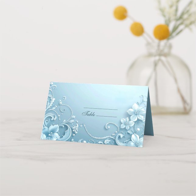 Blue Decorative Floral Place Card (Front)