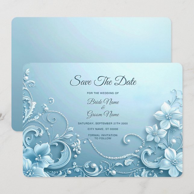 Blue Decorative Floral Save The Date (Front/Back)