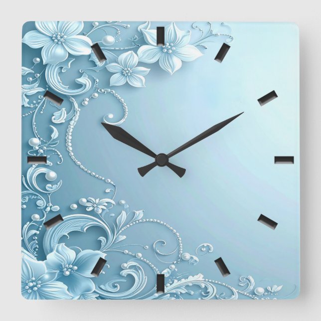 Blue Decorative Floral Wall Clock (Front)