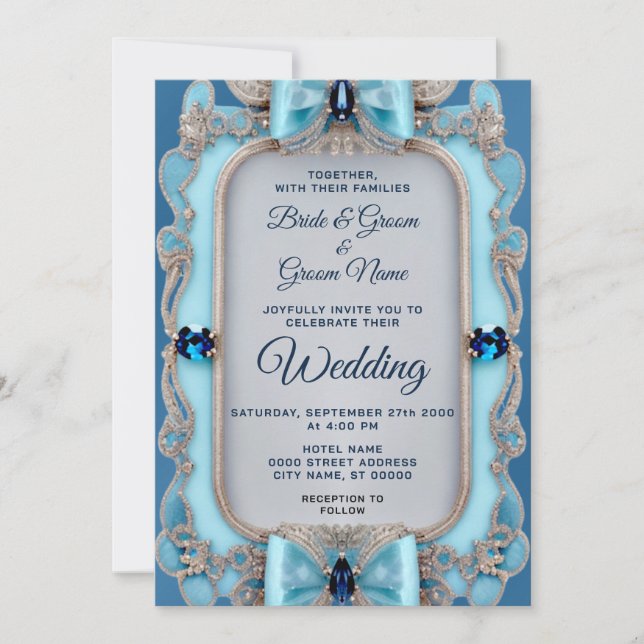 Blue Decorative Frame Wedding Invitation (Front)