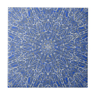 Blue deep white gold geometric star wheel design tile