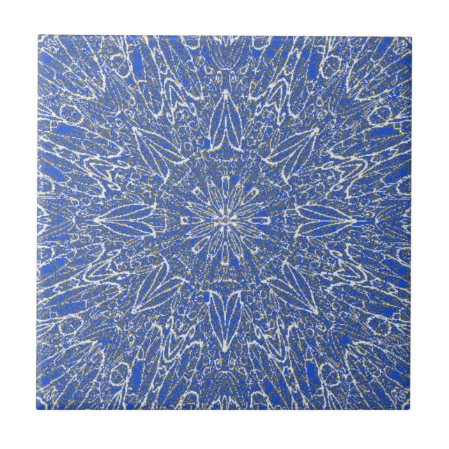 Blue deep white gold geometric star wheel design tile (Front)
