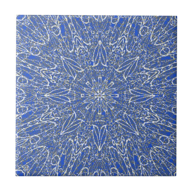 Blue deep white gold geometric star wheel design  tile (Front)
