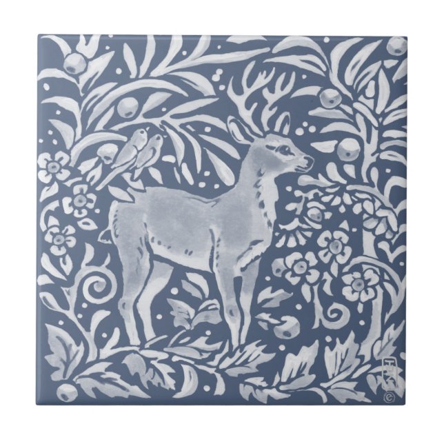 Blue Deer Buck Birds Woodland Forest Animal Ornate Tile (Front)