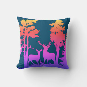 Blue Deer in The Wood Silhouette Christmas Throw Pillow