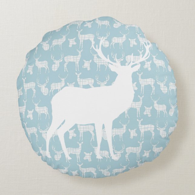 Blue Deer With White Buck and Doe Round Pillow (Back)