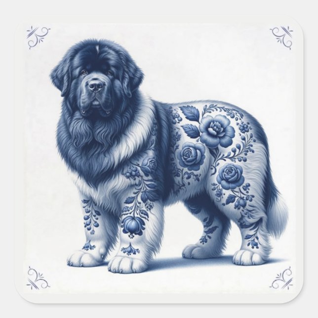 Blue Delft Landseer Newfoundland Square Sticker (Front)