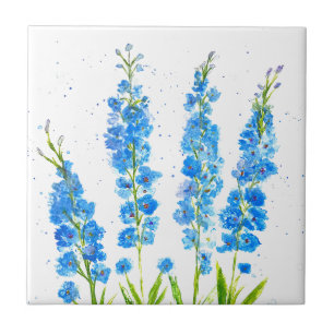 Blue delphinium floral watercolor elegant rustic tile