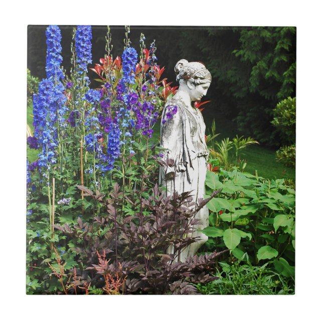 Blue delphinium flower garden and statue tile (Front)