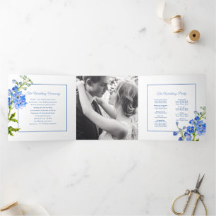Blue delphinium flowers watercolor wedding Tri-Fold programme