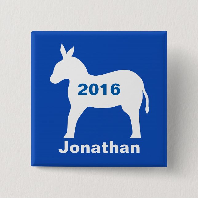 Blue Democratic Donkey 2016 Election Name Badge 2 Inch Square Button (Front)