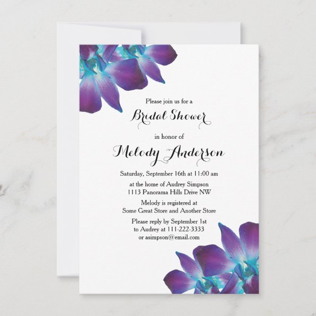Blue Dendrobium Orchid Bridal Shower Invitation (Front)