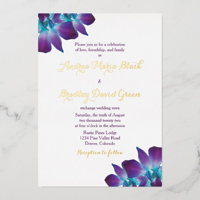 Blue Dendrobium Orchid Gold Wedding Invitation (Front)