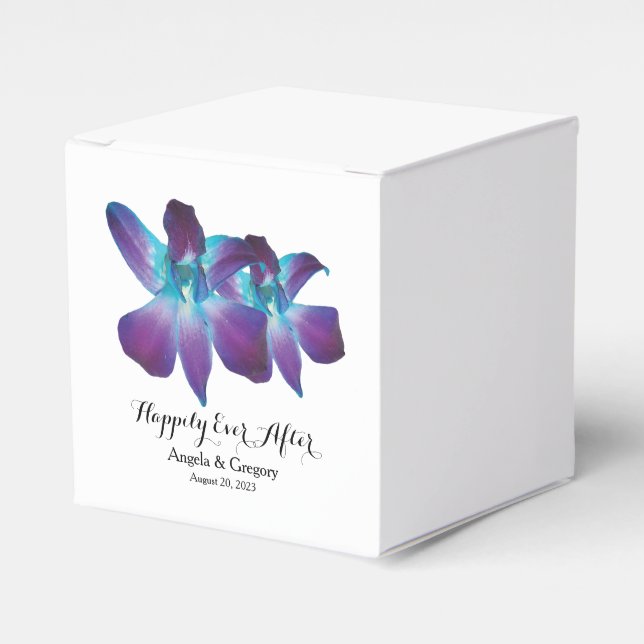 Blue Dendrobium Orchid Happily Ever After Wedding Favor Box (Front Side)