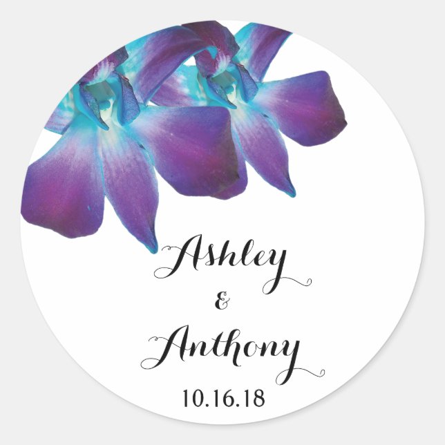 Blue Dendrobium Orchid Personalized Wedding Classic Round Sticker (Front)