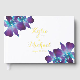 Blue Dendrobium Orchid Real Foil Wedding Guest Book