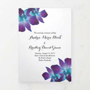 Blue Dendrobium Orchid Wedding Tri-Fold Programme