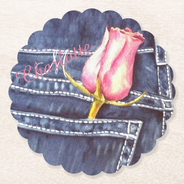 Blue Denim and Pink Floral Paper Coaster (Front)