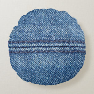 Blue denim background close-up (macro) round pillow