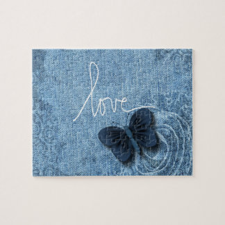 Blue Denim Butterfly Love Sweet Jigsaw Puzzle