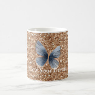 Blue Denim Butterfly Rustic Gold Glitter Coffee Mug