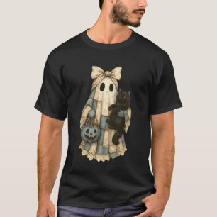 Blue Denim Cat Black Ghost Patchwork Halloween Cos T-Shirt