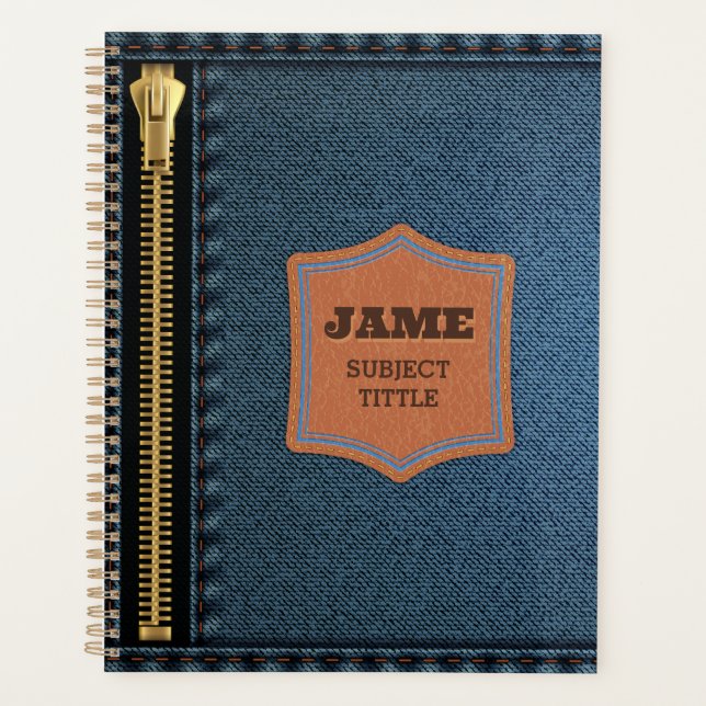 Blue Denim Cloth With Zip And Label Jean Fabric Planner (Front)