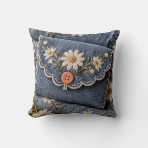 Blue Denim Daisy Embroidery Cottage Floral Pocket Throw Pillow